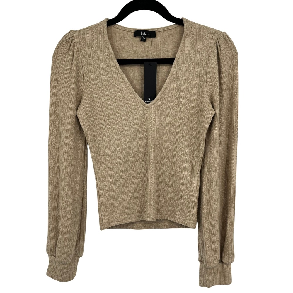 Lulus Tan Beige Pointelle Chevron V-Neck Puff Sleeve Knit Top Womens Size Medium - Picture 2 of 7